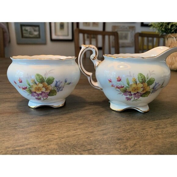 EB Foley 1850 Sugar Bowl Creamer Set Vintage Made in England Flowers Light Blue - Picture 5 of 12